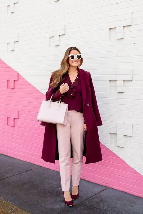 WHBM Pink Slim Pants. Maroon top, jacket, & Shoes. Loving this simple and professional spring look.  #FashionBlogger #SpringStyle Burgundy And Pink Outfit, Pink Trousers Outfit, Pink Outfit Ideas, Pink Pants Outfit, Hot Pink Pants, Pink Ideas, Maroon Outfit, Burgundy Outfit, Pink Trousers