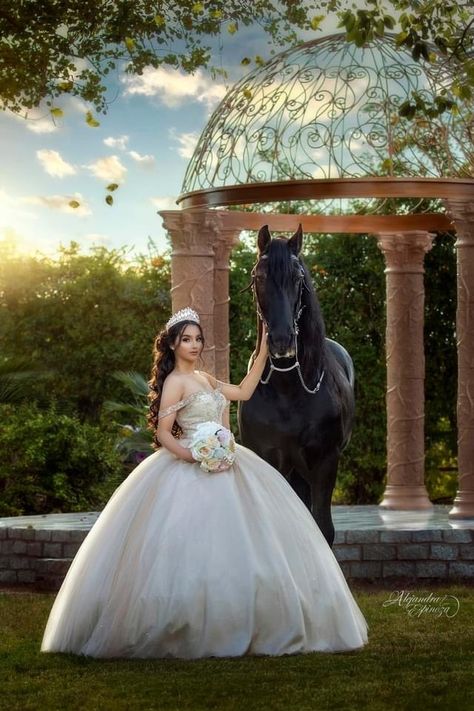 Quinceanera Horse Theme, Quince Horse Pictures, Xv Pictures With Horse, White Horse Quinceanera, Quince Foto Shoot Ideas, Photo Shoot Quinceanera, Quinceanera Photoshoot With Horse, Quinceanera Pictures With Horses, Quinceanera With Horse