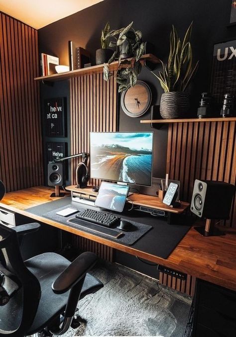 Set Up Desk Home Office, Men’s Home Offices, Office And Studio Ideas, Home Studio Office Ideas, Desk Setup Aesthetic Modern, Set Up Home Office Ideas, Computer Office Design, Male Office Space, Guy Office Ideas