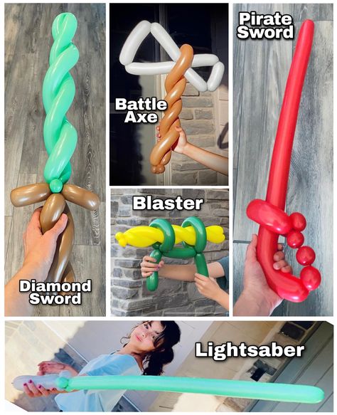 A balloon Diamond sword, a balloon battle axe, a balloon blaster, a balloon pirate sword and a balloon lightsaber being held by a kid. How To Make Balloon Swords, Making Balloon Animals, Pirate Balloon Decorations, Twisty Balloons Tutorials, Easy Balloon Animals Step By Step, How To Make Balloon Animals, Balloon Animals Easy Step By Step, Tmnt Balloons, Ballon Crafts