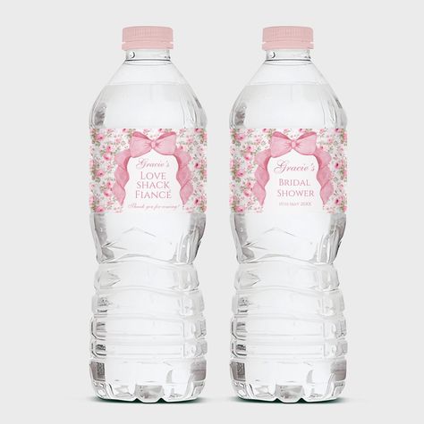 "Editable Love Shack Fiance Water Bottle Labels - Canva Template  🎀 This DIY printable decor is the perfect addition to your bridal shower celebration. Edit, download, and print to add a personalized finishing touch to your party water bottles. 🎀 LISTING INCLUDES: Canva templates to create two styles of 'Love Shack Fiance' themed water bottle labels    --> 8x2\" Water Bottle Label       ✅ WHAT YOU CAN CUSTOMIZE: 🎀 Change the text (wording, font style, color, placement) 🎀 Change the Arch color 🎀 Move or delete the elements ❌ The color of the roses and bow graphics cannot be changed.  ❌ The Size of the templates  ✅ Matching Items Available: Check out our Matching items for your 'Love Shack Fiance' bridal shower theme: https://www.etsy.com/shop/DaintyGinger?search_query=love+shack+fiance Love Shack Fancy Birthday Party, Love Shack Fancy Baby Shower Theme, Love Shack Fancy Party, Water Bottle Decoration, Bow Theme, Garden Party Favors, Floral Garden Party, Water Bottle Label, Pink Water