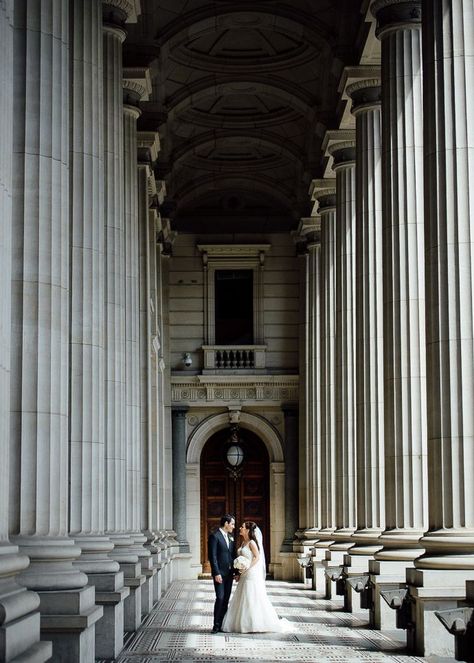 Bride and groom outside Parliament House, Melbourne Old World Wedding, St Patrick's Cathedral, Parliament House, Pre Wedding Shoot Ideas, Outdoor Wedding Inspiration, Cathedral Wedding, Romantic Wedding Photos, Melbourne Wedding, Houses Of Parliament