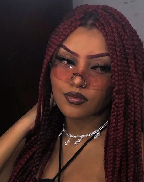 Dark Red Box Braids, Faux Locs Marley Hair, Purple Box Braids, Colored Box Braids, Cute Box Braids, Cute Hair Colors, Marley Hair, Brown Skin Makeup, Cool Braid Hairstyles