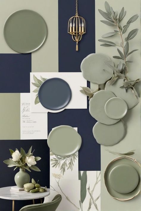 Sage Green And Navy Wallpaper, Navy And Green Master Bedrooms Decor, Good Color Schemes For Bedrooms, Navy And Green Interior Design, Sage Colour Living Room, Sage Green And Navy Blue Bedroom Ideas, Gray Navy Sage Bedroom, Navy Green Living Room Decor, Navy And Green Color Scheme