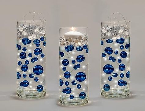 500 'Floating' Royal Blue (Navy) Pearls - No Hole Jumbo/Assorted Sizes Vase Decorations Includes Transparent Water Gels for Floating The Pearls Cobalt Blue Wedding Decorations, Floating Pearl Centerpiece Wedding, Royal Blue Centerpieces Birthday, Sapphire Theme Party, Blue And Gold Centerpieces For Party, Denim And Diamonds Centerpieces, Royal Blue Centerpieces Quinceanera, Royal Blue And Silver Party Decorations, Blue And Silver Centerpieces