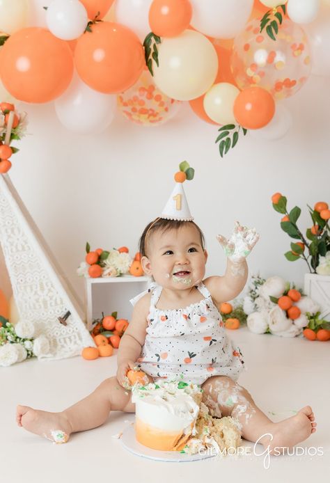 Little Cutie Cake Smash Studio Session - First Birthday Photographer, Gilmore Studios, cake smash for girls, orange and white balloons, teepee, two tone orange and white cake, cuties, wooden box, one, 1, 1st birthday Orange First Birthday Theme, Cutie Orange First Birthday Theme, Little Cutie First Birthday Party, Orange 1st Birthday Party, Our Little Cutie Is Turning One, Cutie First Birthday Party, Little Cutie Birthday Party, One Little Cutie First Birthday, Cutie Orange Birthday Party