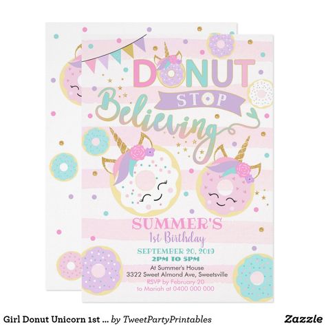 Girl Donut Unicorn 1st Birthday Invitation Unicorn 1st Birthday Invitations, Kids Donut Party, Donut Grow Up Birthday Party, Donut Birthday Party Invitations, Sprinkle Baby Shower Invitations, Unicorn Donut, Donut Invitation, Unicorn 1st Birthday, Up Birthday Party