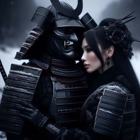 Amidst the falling snow, under the shadow of the ancient cherry blossom trees, two souls stood intertwined in destiny and love. Hiroshi, the fierce samurai with armor black as night, and Yuki, the graceful warrior with eyes that mirrored the moonlight, shared a moment of profound silence. They were aware of the hundred samurai approaching, a force too great to withstand. Their love had blossomed amidst the harshest of wars, each battle drawing them closer together, their bond forged in the ... Battle Drawing, Fallen Warrior, Japanese Warriors, Power Couples, Warrior Concept Art, Cherry Blossom Trees, Falling Snow, Japanese Warrior, Two Souls