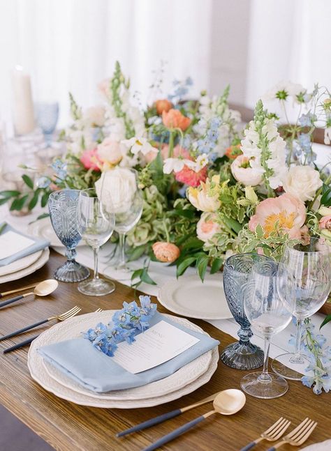 Dusty Blue And Peach Table Setting, Vintage Blue Table Setting, Peach And Blue Wedding Centerpieces, Blue White And Pink Table Setting, Powder Blue Spring Wedding, Blush And Blue Flowers, Light Blue Floral Centerpieces, Pink And Blue Wedding Flowers Centerpiece, Sage Green Navy Blue Blush Pink Wedding Tables