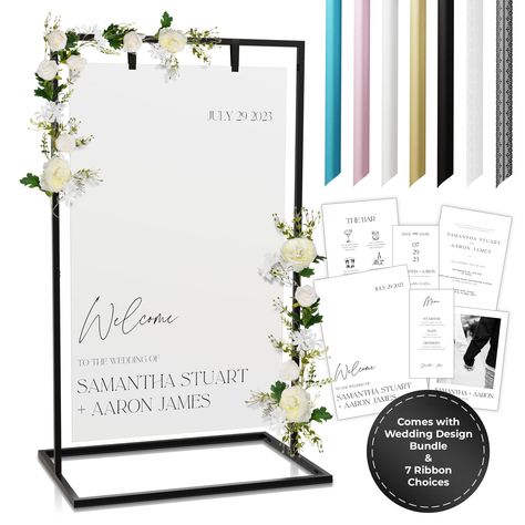 PRICES MAY VARY. CREATE A LASTING IMPRESSION with the Kiniu Easel for Wedding Sign. At 30" wide and 50" high, this welcome sign holder ensures your entrance sign can be seen from a distance, while the modern black finish will flawlessly complement your decor **Physical Welcome Sign Not included - Digital Download Avaliable** HANG WELCOME SIGN IN STYLE using the ribbons included in our wedding sign stand set. Select from black, ivory, light blue, light pink, gold, white lace, and black lace. Thes Wedding Sign Holder, Wedding Sign Stand, Wedding Day Signs, Gold Wedding Signs, Welcome To Our Wedding Sign, Budget Planner Free, Wedding Sign Decor, Wedding Budget Planner, Metal Easel