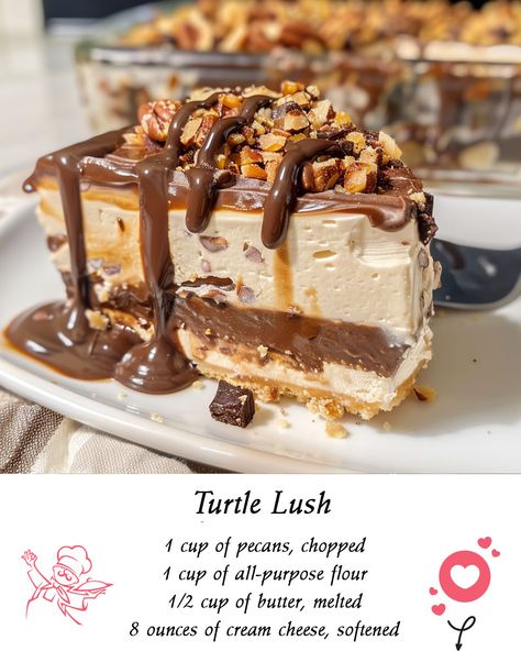 Turtle Lush Turtle Lush, Turtle Dessert, Lush Recipes, Turtle Cheesecake, Delish Desserts, Butterscotch Pudding, Creamy Caramel, Crunchy Pecans, Vanilla Pudding Mix