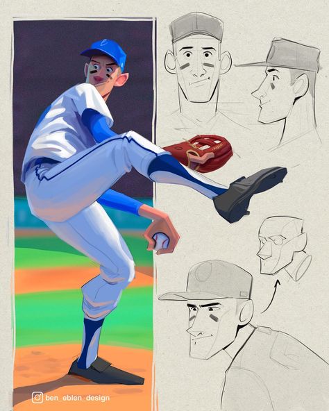 Ben Eblen | A quicker little character challenge for today ⚾️🏟🧢. ⠀ I used to play baseball, and I've always loved the aesthetics of it, from the… | Instagram Stylize Portrait, Ben Eblen, Baseball Illustration, Character Challenge, Playful Pose, Baseball Art, Arte Cyberpunk, Play Baseball, Visual Development