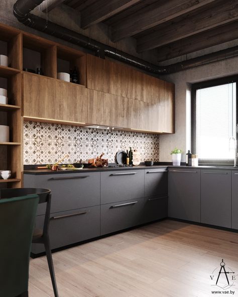 Industrial Style House, Metal Mosaic, Серая Кухня, Ikea Kitchen Design, Wood Kitchen Island, Wood Kitchen Cabinets, Grey Kitchens, Modern Farmhouse Kitchens, Ikea Kitchen