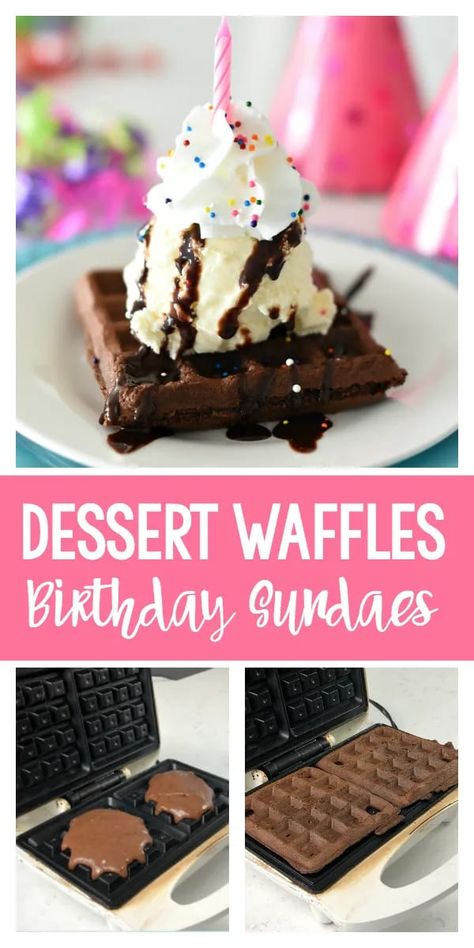 As if waffles aren't already amazing, try these dessert waffles! Chocolate cake mix waffles topped with ice cream, chocolate sauce, whipped cream and sprinkles for a perfect birthday sundae! Or top it with anything you want and eat it anytime! #breakfast #dessert #waffle #birthday Hot Fudge Cake, Breakfast Birthday, Hot Chocolate Fudge, Dessert Waffles, Fun Dessert, Single Serve Desserts, Trifle Desserts, Slow Cooker Desserts, Waffle Toppings