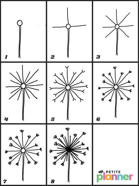 How to Draw a Dandelion - Step By Step Directions! Dandelion Drawing Step By Step, How To Draw Dandilion, How To Draw A Dandelion Step By Step, Doodling Step By Step, Dandelion Embroidery Pattern Free, How To Draw Wildflowers Step By Step, Dandelion Craft For Kids, Dandelion Drawing Easy, How To Paint Dandelions