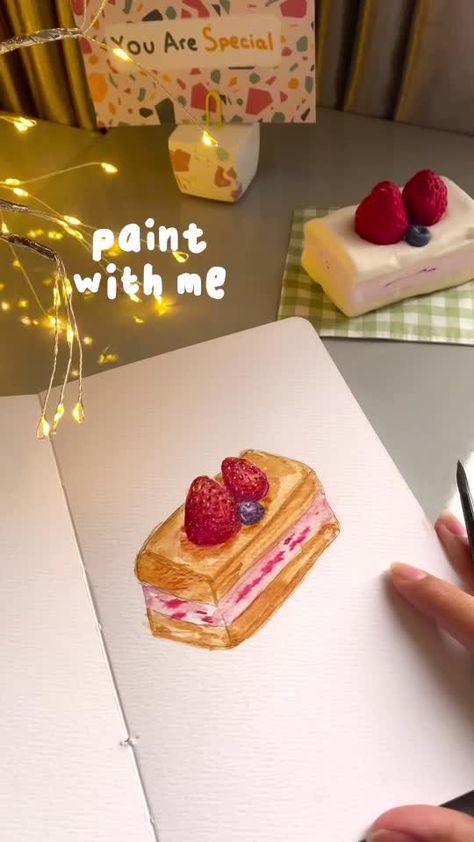 Gambar Cake Aesthetic, Watercolour Cake Painting, Watercolor Cake Painting, Painting Aesthetic Watercolor, Cake Drawing Aesthetic, Cake Watercolor Painting, Cake Watercolor, Cake Painting, Aesthetic Watercolor