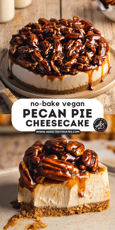 Caramel Pecan Cheesecake (Vegan, No Bake) No Bake Vegan Pie, Vegan Pecan Cheesecake, Vegan Caramel Cheesecake, Vegan Pecan Pie Cheesecake, Christmas Pecan Pie, Healthy Desserts Vegan, Vegan Desserts Thanksgiving, Vegan Cream Cheese Desserts, Scarlett Pie