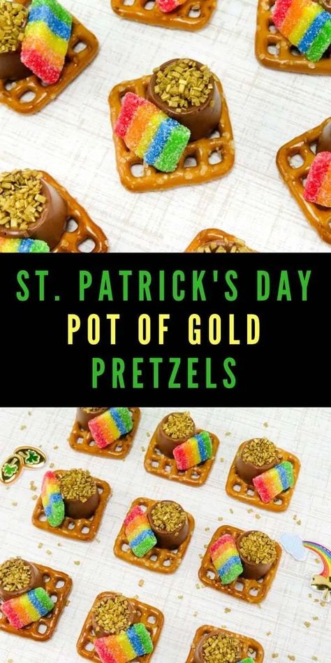 4-Ingredient pot of gold pretzels make for an easy and fun St. Patrick's Day treat for kids! St Patrick's Day Desserts, St Patrick Day Snacks, St Patrick Day Treats, St Patricks Day Crafts For Kids, St Patricks Day Food, Holiday Snacks, St Patrick's Day Crafts, Saint Patties, Baileys Irish Cream