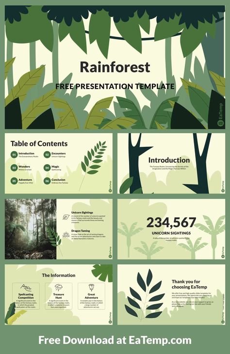 Rainforest PPT Presentation Template - Free PowerPoint Templates, Google Slides, Figma Deck And Resume Creative Google Slides Ideas, Nature Presentation Design, Free Google Slides Templates, Rainforest Theme, Nature Presentation, Google Slides Templates, Free Powerpoint Templates, Ppt Slides, Powerpoint Slide Designs