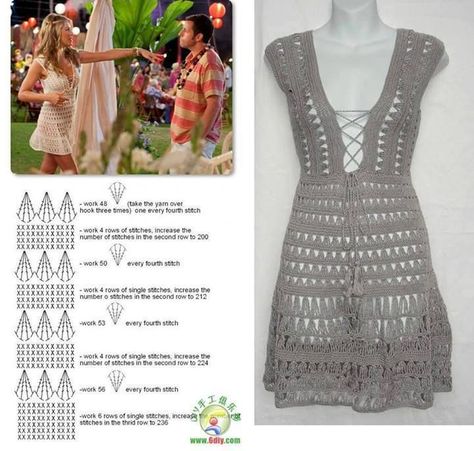 crochet dress jennifer aniston                                                                                                                                                                                 More Jeniffer Aniston, Crochet Dress Pattern Free, Crochet Beach Dress, Crochet Summer Dresses, Crocheted Dress, Beachy Outfits, Summer Dress Patterns, Mode Crochet, Dress Patterns Free