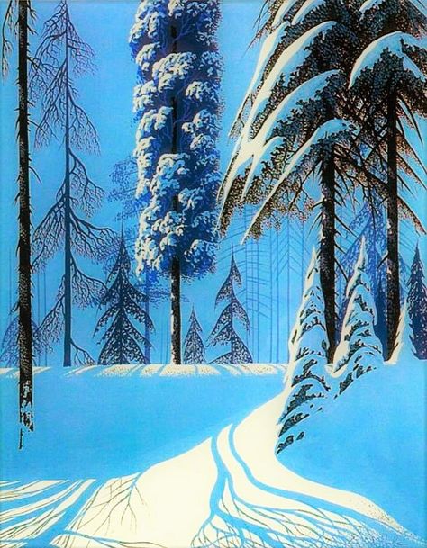 Eyvind Earle, Snow Covered Trees, Winter Illustration, 수채화 그림, Landscape Drawings, Tree Drawing, Snow Scenes, Landscape Illustration, Winter Trees