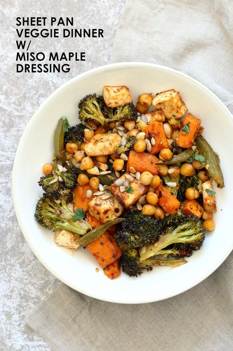 Sheet Pan Veggie Dinner with Broccoli, Sweet Potato, Tofu, Chickpeas, Sunflower seeds dressed with Miso Maple Dressing. #Vegan #Glutenfree #Nutfree #Recipe. Can be #soyfree with chickpea miso #VeganRicha Dinner With Broccoli, Sweet Potato Tofu, Broccoli Sweet Potato, Maple Dressing, Vegan Entrees, Vegan Richa, Veggie Dinner, Veggie Bowl, Vegan Eats