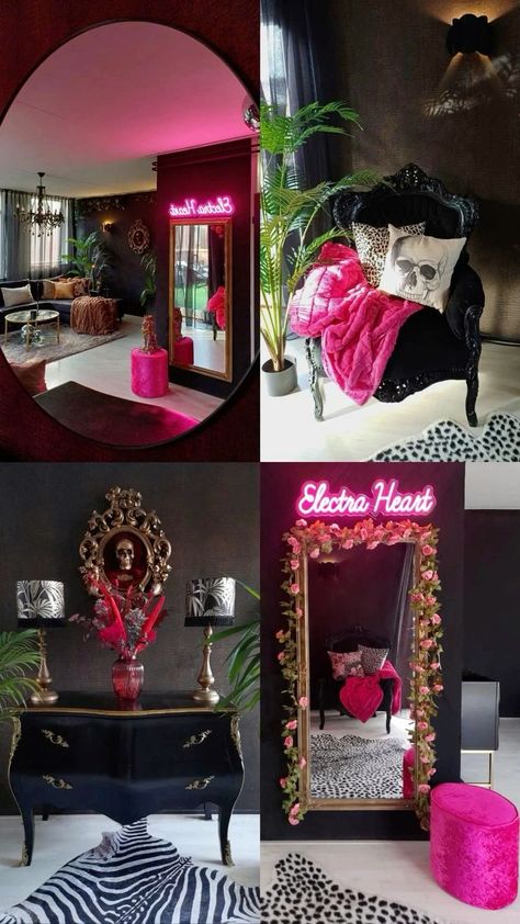 Girly Goth Home Decor, Dark Romantic Interior, Dark Girly Room Aesthetic, Black And Magenta Bedroom, Edgy Maximalist Decor, Brian Core Aesthetic, Maximalist Makeup Room, Eclectic Boho Glam Bedroom, Moody Makeup Room