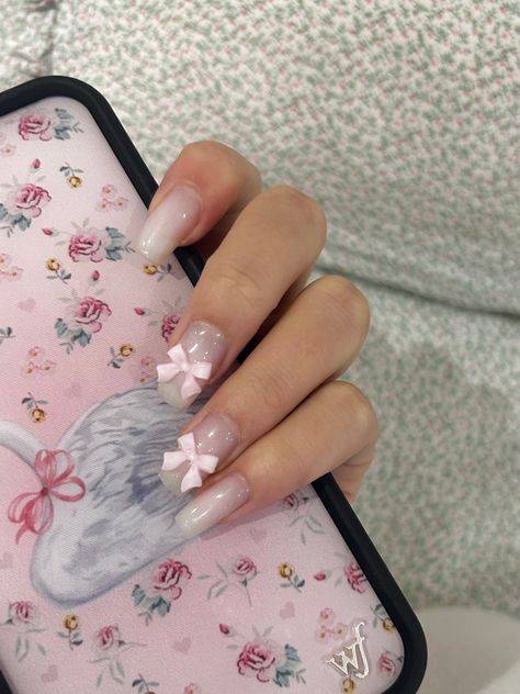 Milky White And Pink Nails, Book Pic, Milky Nails, Mini Bows, Milky White, White Bow, Purple Nails, Pink Bow, Dear Diary