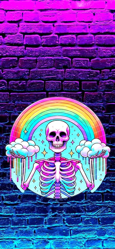 Rainbow Skull Wallpaper, Skeleton Iphone Wallpaper Aesthetic, Weird Wallpapers Funny, Calaveras Aesthetic, Happy Skeleton, Eevee Wallpaper, Pretty Phone Backgrounds, Pastel Skull, Rainbow Skull