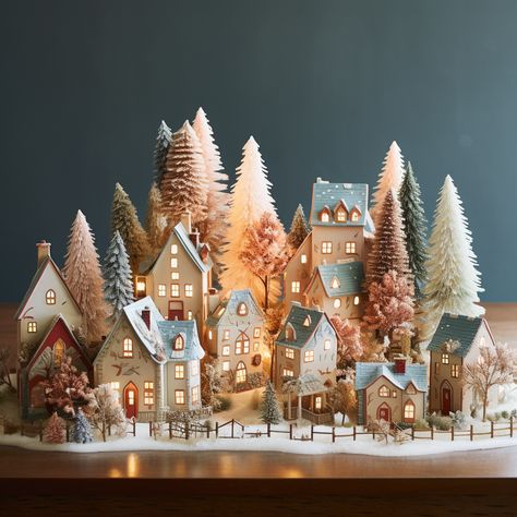 Putz Christmas Village, Aesthetic Christmas Village, Paper Mache Christmas Village, House Ornaments Diy, Christmas Houses Diy, Modern Jul, Putz House, Diy Christmas Village, Christmas Village Houses