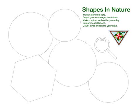 Girl Scouts printable, Shapes in Nature badge helper Brownie Math In Nature Badge, Shapes In Nature Badge, Math In Nature, Shapes In Nature, Math Shapes, Maths In Nature, Brownie Badges, Printable Shapes, Scavenger Hunt