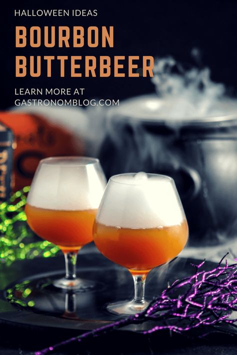 Bourbon Butterbeer Cocktail - bourbon whiskey, dry ice, buttered brown sugar simple syrup, ginger beer, apple cider, butter extract cocktail for Halloween or Harry Potter! This butterbeer is an easy recipe using ginger beer, simple syrup and dry ice! #cocktail #cocktails #drink #drinks #bourbon #bourboncocktail #halloween #harrypotter #recipes #butterbeer #halloweenfood #halloweenparty Alcoholic Butterbeer Recipe, Butterbeer Recipe Alcoholic, Alcoholic Butterbeer, Butter Beer Recipe Harry Potter, Brown Sugar Simple Syrup, Butterbeer Recipe, Butter Beer, Bourbon Drinks, Themed Drinks