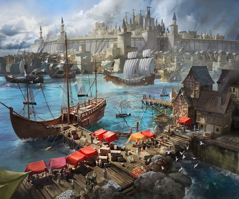 Docks, Jeff Brown on ArtStation at https://www.artstation.com/artwork/w6w1J9 Fantasy Space, Indie Publishing, Fantasy Town, Pirate Art, Ya Novels, Book Cover Illustration, Location Inspiration, Cover Illustration, Guild Wars