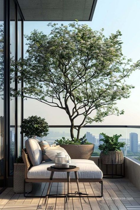 Green Balcony Design, Balcony Day Bed, Balcony With View, Balcony Planting Ideas, Veranda Garden Ideas, Japandi Balcony Design, Tree On Balcony, Private Balcony Ideas, Garden Design Balcony