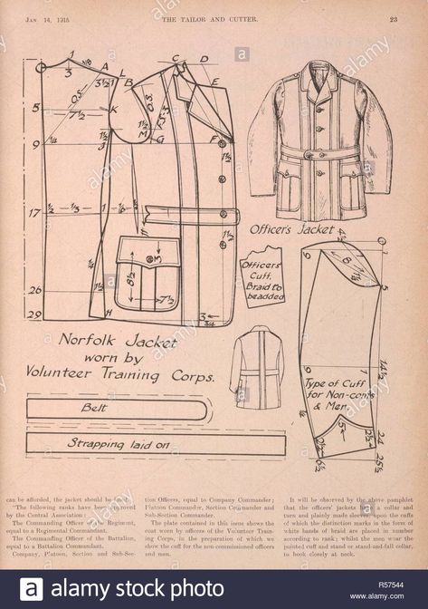 An advertisement for a Norfolk jacket worn by Volunteer training corps. . Tailor and Cutter. London, January 14, 1915. Source: Tailor and Cutter, page 23 Stock Photo: 226965764 - Alamy Military Jacket Pattern, Historical Clothing Patterns, London January, Norfolk Jacket, Tailoring Training, Volunteer Training, Pola Topi, Mens Sewing Patterns, Military Nurses