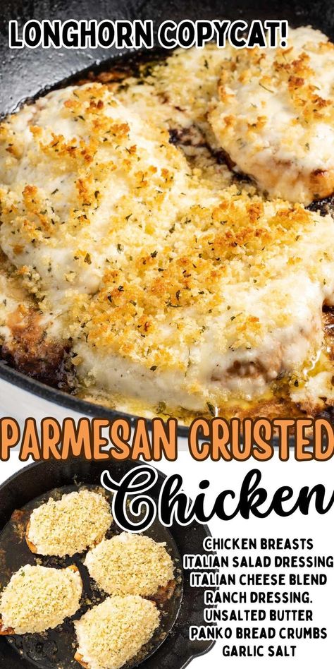 Recreate the popular Longhorn Parmesan Crusted Chicken recipe right in your own kitchen! Pan seared marinated chicken coated in a cheesy, crunchy crust and then baked in the oven makes the best copycat meal in 30 minutes! Longhorn Parmesan Crust, Longhorn Parmesan Crusted Chicken Recipe, Parmesan Crusted Steak, Longhorn Parmesan Crusted Chicken, Easy Parmesan Crusted Chicken, Parmesan Crusted Chicken Recipe, Parmesan Crusted Pork Chops, Crusted Chicken Recipes, Chicken Breast Cutlet