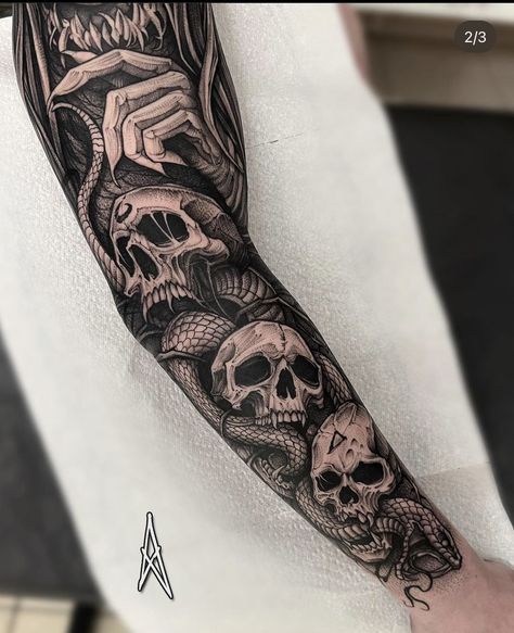 Black Mamba Tattoo, Full Hand Tattoo, Skull Sleeve Tattoos, Realistic Tattoo Sleeve, Skull Sleeve, Full Sleeve Tattoo Design, Men Tattoos Arm Sleeve, Full Arm Tattoos, Scary Tattoos