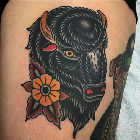 American Traditional Buffalo, Traditional Buffalo Tattoo, Ox Tattoo, Bison Tattoo, Buffalo Tattoo, Cow Tattoo, Tattoo Old School, Bull Tattoos, Taurus Tattoos