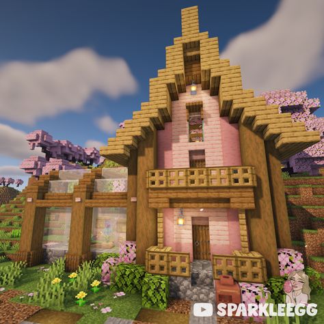 Click for a build tutorial on my YouTube channel #minecraft #starterhouse #aestheticminecraft #cherrygrove #cutemincraft #cute #aesthetic #prettyminecraftbuild Pink Wood House Minecraft, Pink Cottagecore Minecraft, Pink And White Minecraft House, Cute Pink Minecraft House, Minecraft Build House, Cherry Blossom House, Minecraft Cherry Blossom, Cherry House, Minecraft Starter House