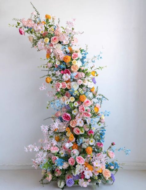 Wedding Floral Arrangement for Horn Arch in Pastel Colors With a Pop of Blue and Orange - Etsy Whimsical Romantic Wedding Decor, Midsommar Wedding Aesthetic, Trending Wedding Decor 2024, Wedding Flowers Colourful, Colourful Flowers Wedding, Unique Wedding Ideas Creative Decor, Primary Color Wedding, Pastel Color Wedding Theme, Colorful Wedding Arch