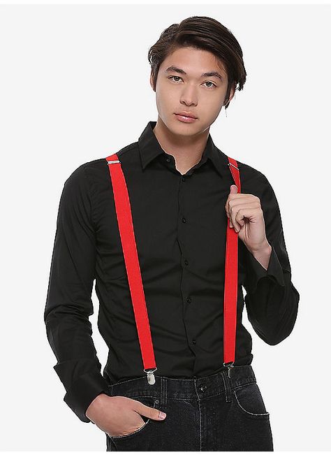 Hot Topic : Basic Red Suspenders Black And Red Tux, Red Tux, Red Dress Shirt, Green Suspenders, White Suspenders, Red Suspenders, Homecoming Outfit, Black Button Up Shirt, Black Suspenders