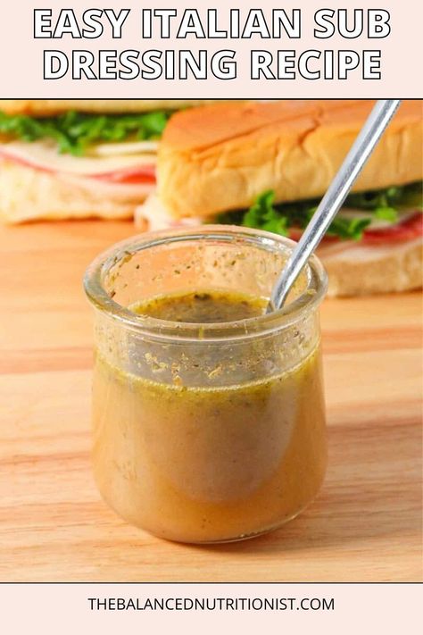 This homemade Italian sub dressing is the best recipe to elevate your sandwiches and chopped salad. Known also as grinder salad dressing, its healthy and vegetarian ingredients are perfect for adding a robust flavor to any dish. Italian Sandwich Sauce, Italian Sandwich Dressing, Grinder Dressing Recipe, Submarine Dressing Recipe, Sub Sauce Recipe, Sub Sandwich Dressing Recipe, Grinder Sauce, Grinder Salad Dressing, Italian Sub Dressing