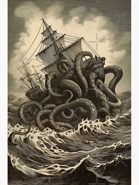 Kraken Attacking Ship Tattoo, Kracken Drawings, Ship And Kraken, Kraken Aesthetic, Vintage Deep Sea Diver, Kraken Attacking Ship, Shipwreck Art, Kraken Ship, Kraken Drawing