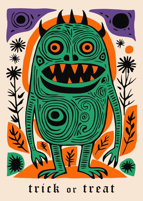 2024 Halloween Trends, Abstract Monster, Spooky Poster, 2024 Home Decor, Halloween Trends, Screen Printing Art, Linocut Art, Art To Make, Cool Wall Art