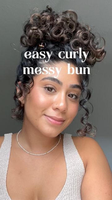 Curly Bun For Short Hair, Curly Buns With Bangs, Curly Hair High Bun Tutorial, How To Do A Curly Bun, Messy Bun Curly Hair Natural Curls, Curly Top Bun, Messy Buns For Curly Hair, Messy Bun Tutorial Curly Hair, Curly Hair Messy Bun Tutorial