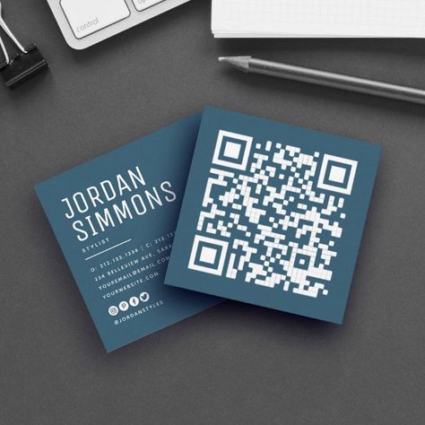 Keep it simple and bold with this stylish, trendy business card showing your QR code in big on the front and your contact info in clean, minimalist typography in dusty navy blue with social media icons on the back. Dusty Navy Blue, Trendy Business Cards, Qr Code Business, Qr Code Business Card, Square Business Cards, Visiting Card Design, Minimalist Typography, Square Business Card, Professional Image