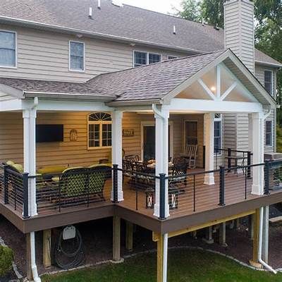 Expansive Covered Deck for Outdoor Living Covered Deck Addition Ideas, Deck Ideas With Roof, Deck With Partial Roof, Cover Deck Ideas On A Budget, Covered Patio With Deck Above, Two Story Covered Porch, Roofs Over Decks, Simple Covered Deck, A Frame Covered Deck