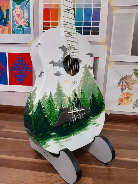 Drawing On Guitar, Painting On Guitar, Guitar Art Painting, Customized Guitar, Painting Guitar, Spruce Forest, Guitar Artwork, Ukulele Art, White Guitar