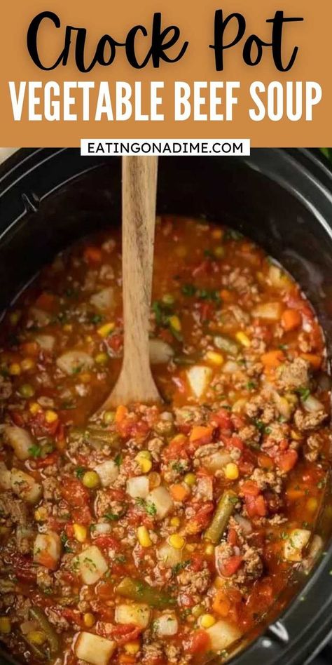 Try this tasty Crock Pot Vegetable Beef Soup Recipe! This soup is crazy easy because there isn't much chopping needed. Just toss in the crock pot and go! This Slow Cooker vegetable beef soup is easy to make and packed with tons of flavor too!  The entire family will love it.  #eatingonadime #souprecipes #crockpotrecipes #slowcookerrecipes Crockpot Vegetable Beef Soup Eating On A Dime, Slow Cooker Veggie Beef Soup, Vegetable Soup With Ground Beef Worcestershire Sauce, One Pot Spinach Beef Soup, Crockpot Vegetable Beef Soup Slow Cooker Easy Recipes, Crock Pot Beef Vegetable Soup Recipe, Low Carb Vegetable Soup Crock Pot, Veg Beef Soup Recipes Crock Pot, Beef And Rice Soup Crock Pot