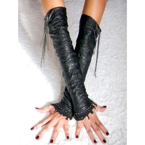 Leather sleeves or fingerless gloves also known as Kittys ($188) ❤ liked on Polyvore Steampunk Warrior, Shadow Realm, Leather Fingerless Gloves, Clothing Alterations, Alexander Wang Shoes, Apocalyptic Fashion, Fantasy Design, Upcycled Clothes, Vintage Gloves